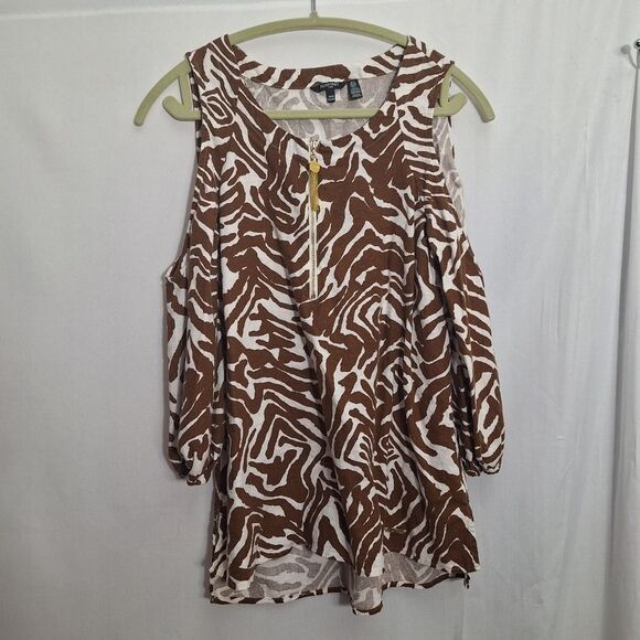 Ellen Tracy Womens Top Cold Shoulder Linen Animal Print Coastal Boho Chic Small - Picture 3 of 14
